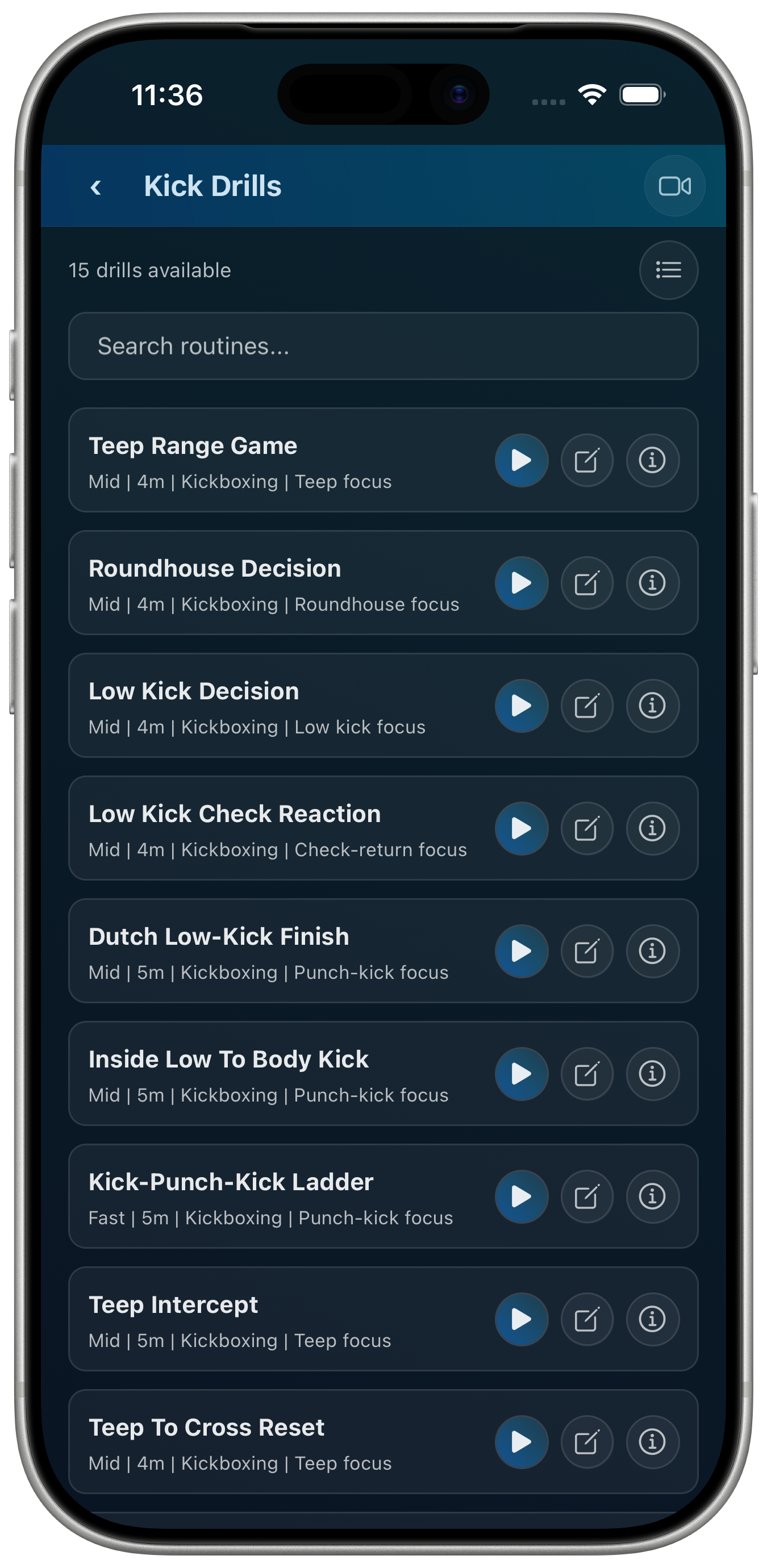 Five focused drill modes, 59 routines — device preview — iOS